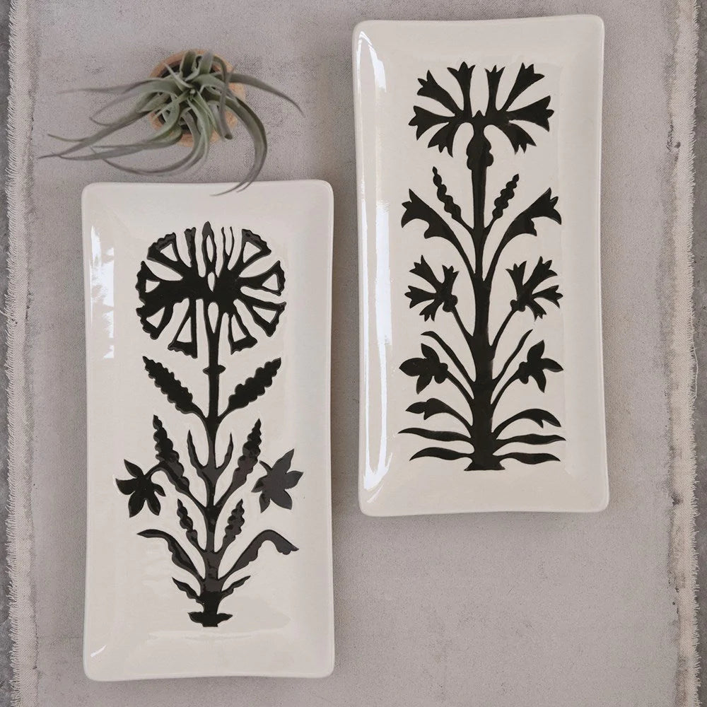 Black & White Stoneware Platter With Floral Pattern