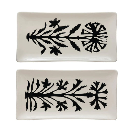 Black & White Stoneware Platter With Floral Pattern