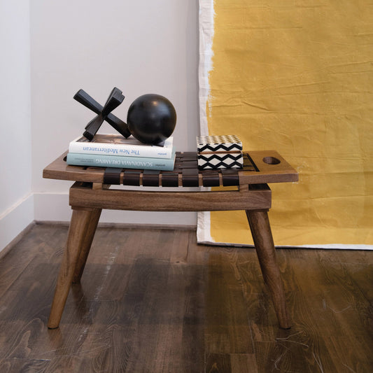 Mango Wood and Leather Stool Bench with Handles