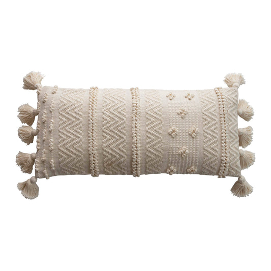 36" Woven Lumbar Pillow with Pom Poms