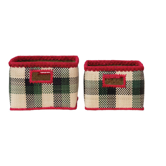 Hand Woven Baskets with Check Pattern Set of 2