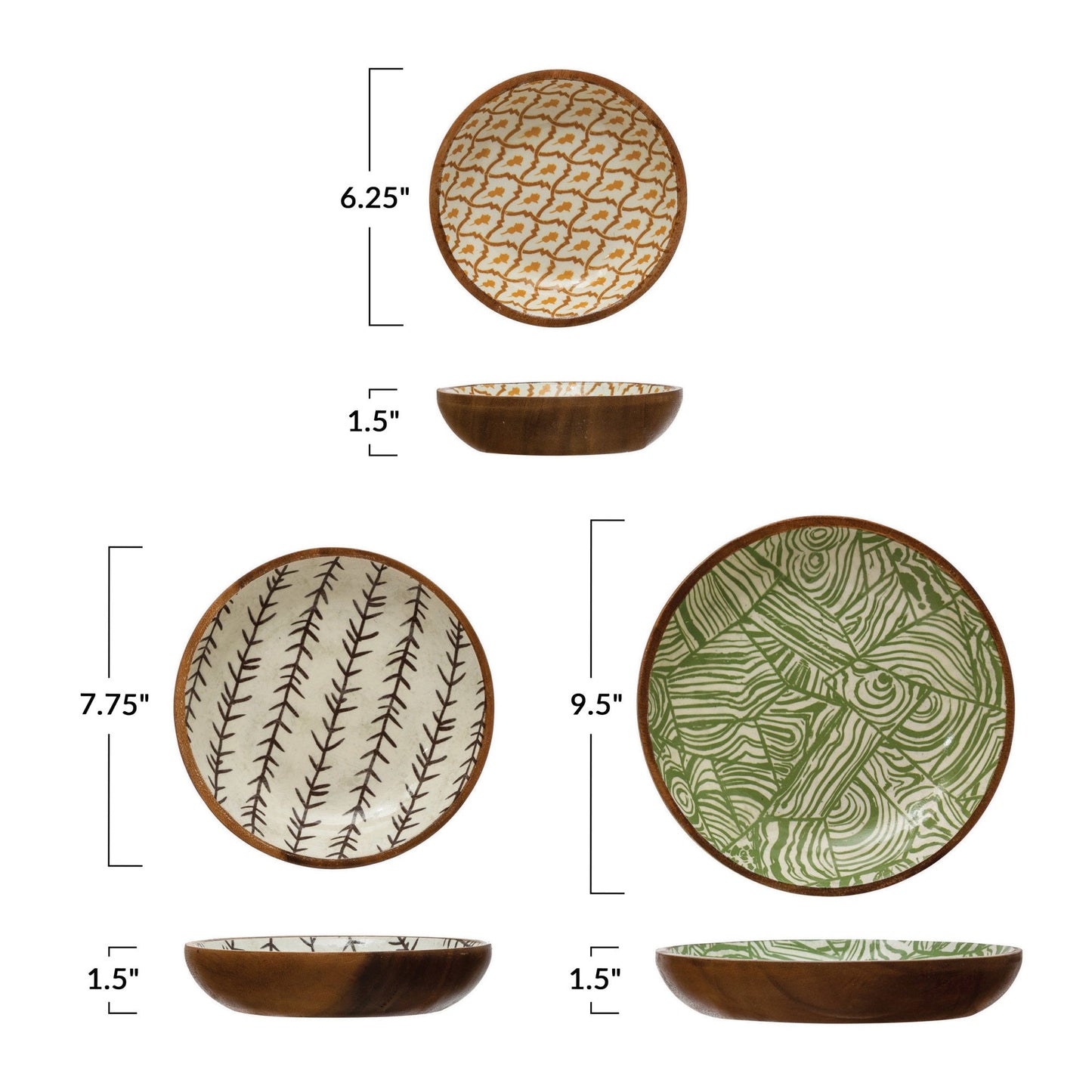 Enameled Acacia Wood Bowls with Print Set of 3