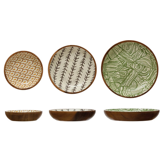 Enameled Acacia Wood Bowls with Print Set of 3