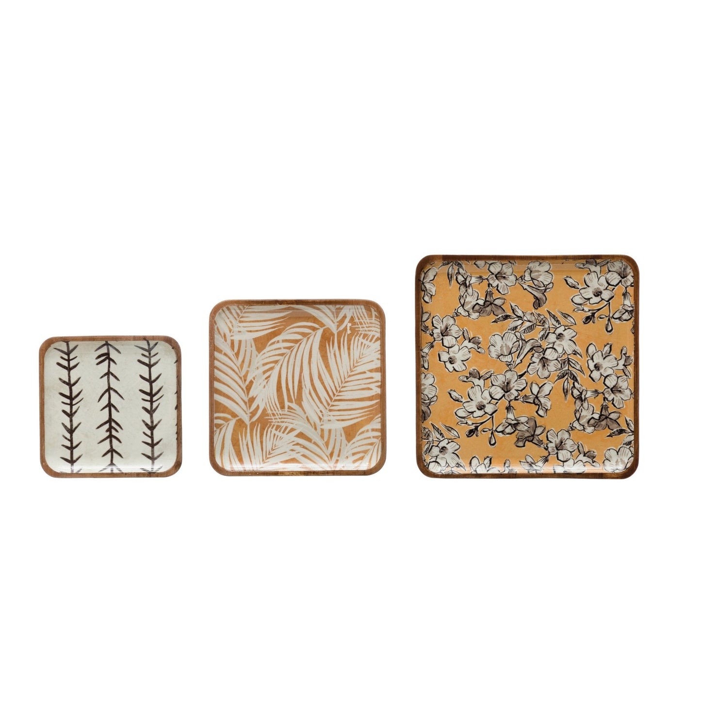 Enameled Acacia Wood Trays with Print Set of 3