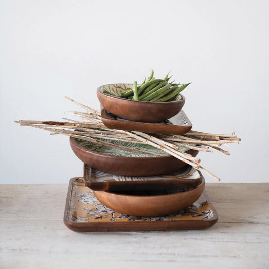 Enameled Acacia Wood Trays with Print Set of 3