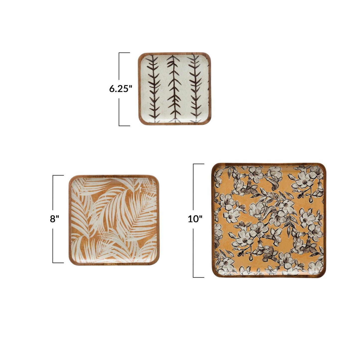 Enameled Acacia Wood Trays with Print Set of 3