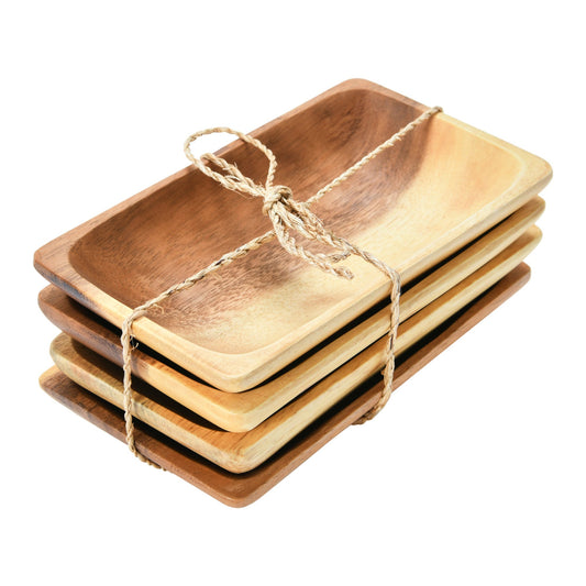 Set of 4 Acacia Wood Trays with Seagrass Tie