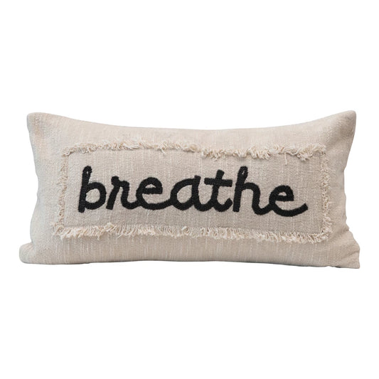 Breathe Embroidered Pillow with Eyelash Fringe