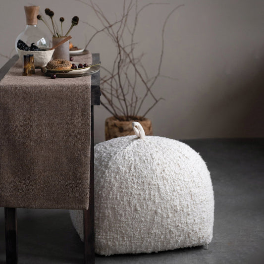 20" Cream Colored Woven Cotton Boucle Pouf with Handle