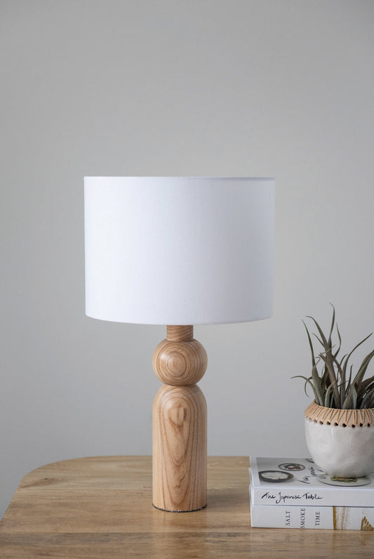 Natural Wood Table with Linen Shade Lamp