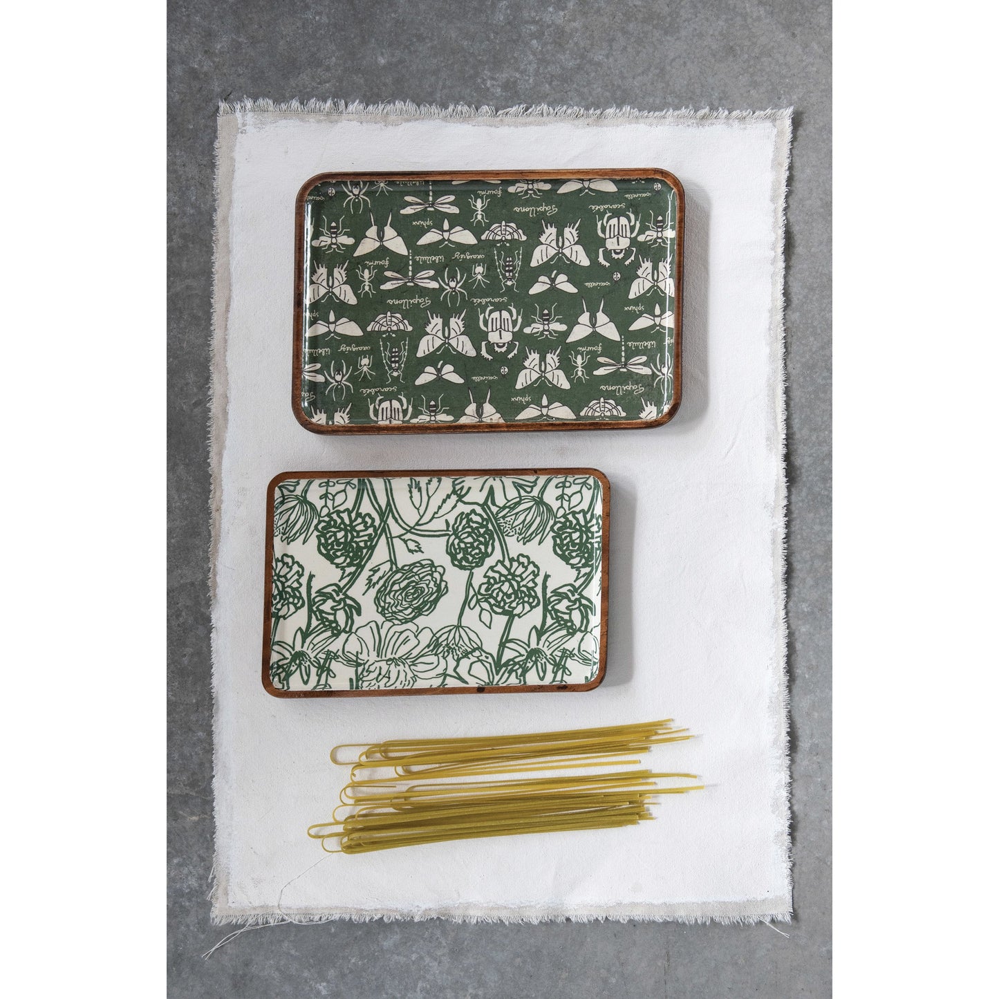 Enameled Acacia Wood Trays, Garden Print Set of 2