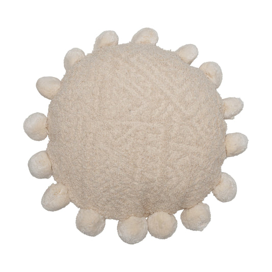 Round Woven Cotton Pillow with Pom Poms