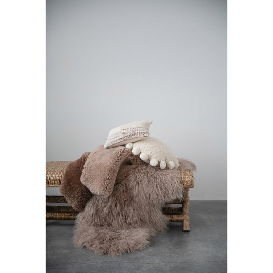 Round Woven Cotton Pillow with Pom Poms