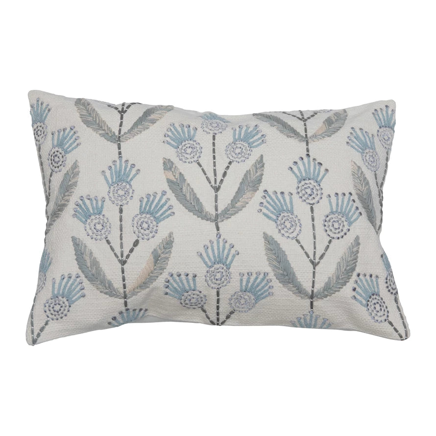 Cotton Lumbar Pillow with Floral Embroidery