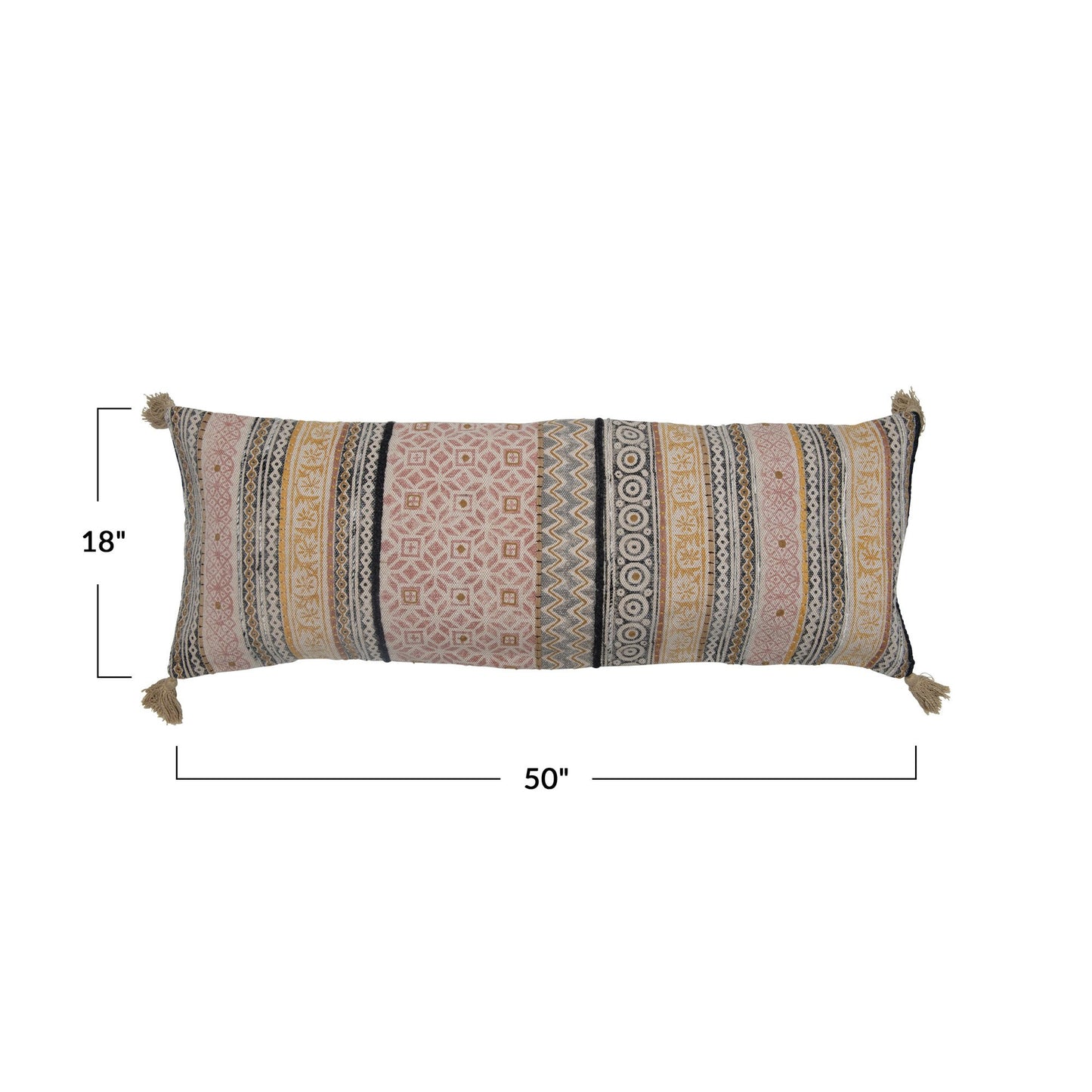 Cotton Lumbar Pillow with Embroidery and Tassels