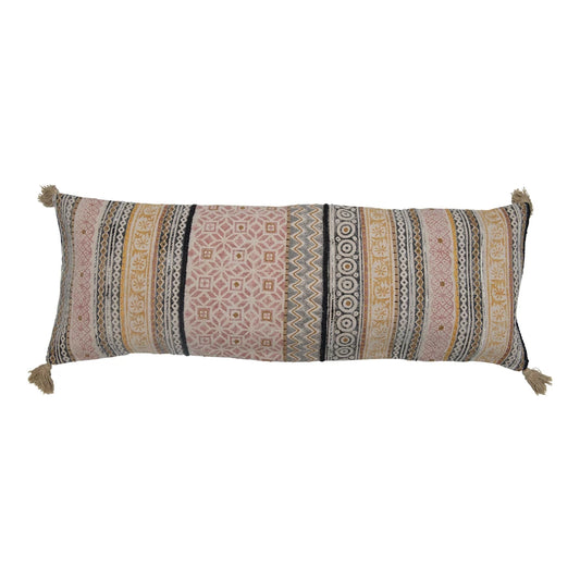 Cotton Lumbar Pillow with Embroidery and Tassels